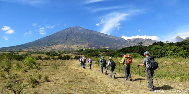 リンジャニ山の全景を望みつつ草原帯から登山開始