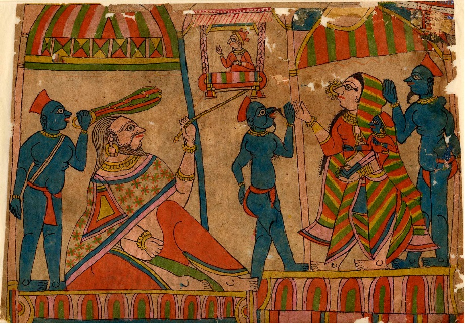 聖仙ヴァールミーキとシーター。シーターとラーマの息子ラヴァ、クシャがそれぞれゆりかごの中とシーターの腕に描かれている。©-The-Trustees-of-the-British-Museum