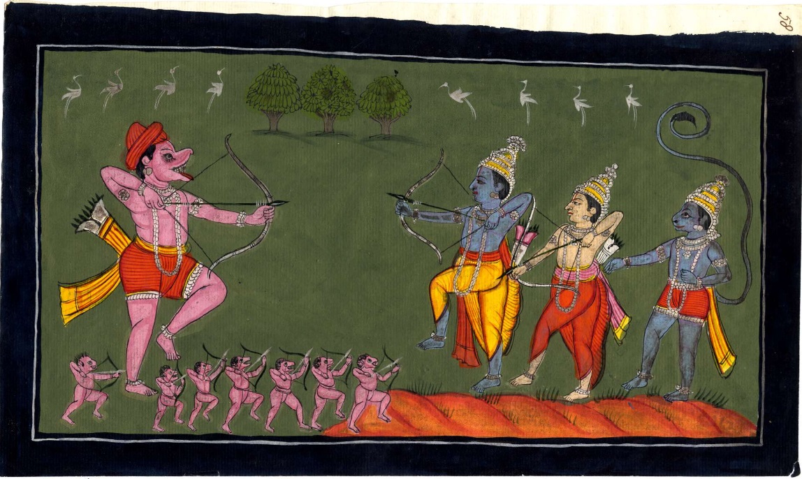 クンバカルナと戦うラーマ一行。左下にはその他のラクシャーサが描かれる。©-The-Trustees-of-the-British-Museum.jpg