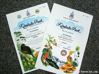 国立公園事務所で発行される「登頂証明書」（左：登頂証明書、右：マシラウルート完歩証）