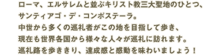 ローマ、エルサレムと並ぶキリスト教三大聖地のひとつ、サンティアゴ・デ・コンポステーラ。中世から多くの巡礼者がこの地を目指して歩き、現在も世界各国から様々な人々が巡礼に訪れます。巡礼路を歩ききり、達成感と感動を味わいましょう！