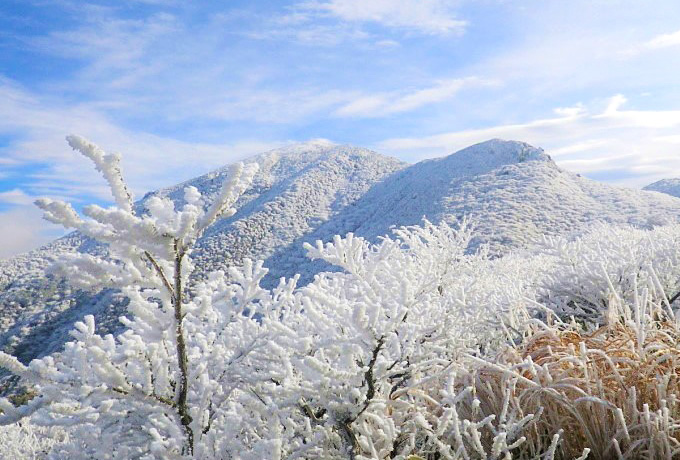 【額装写真】ガス湧く霧氷の山        