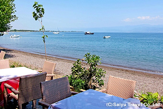 エーゲ海を望む海岸沿いでの昼食